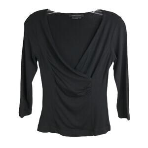 BCBG Maxazria Blouse Womens S Black V Wrap Front Neckline Long Sleeve‎ Soft Sexy
